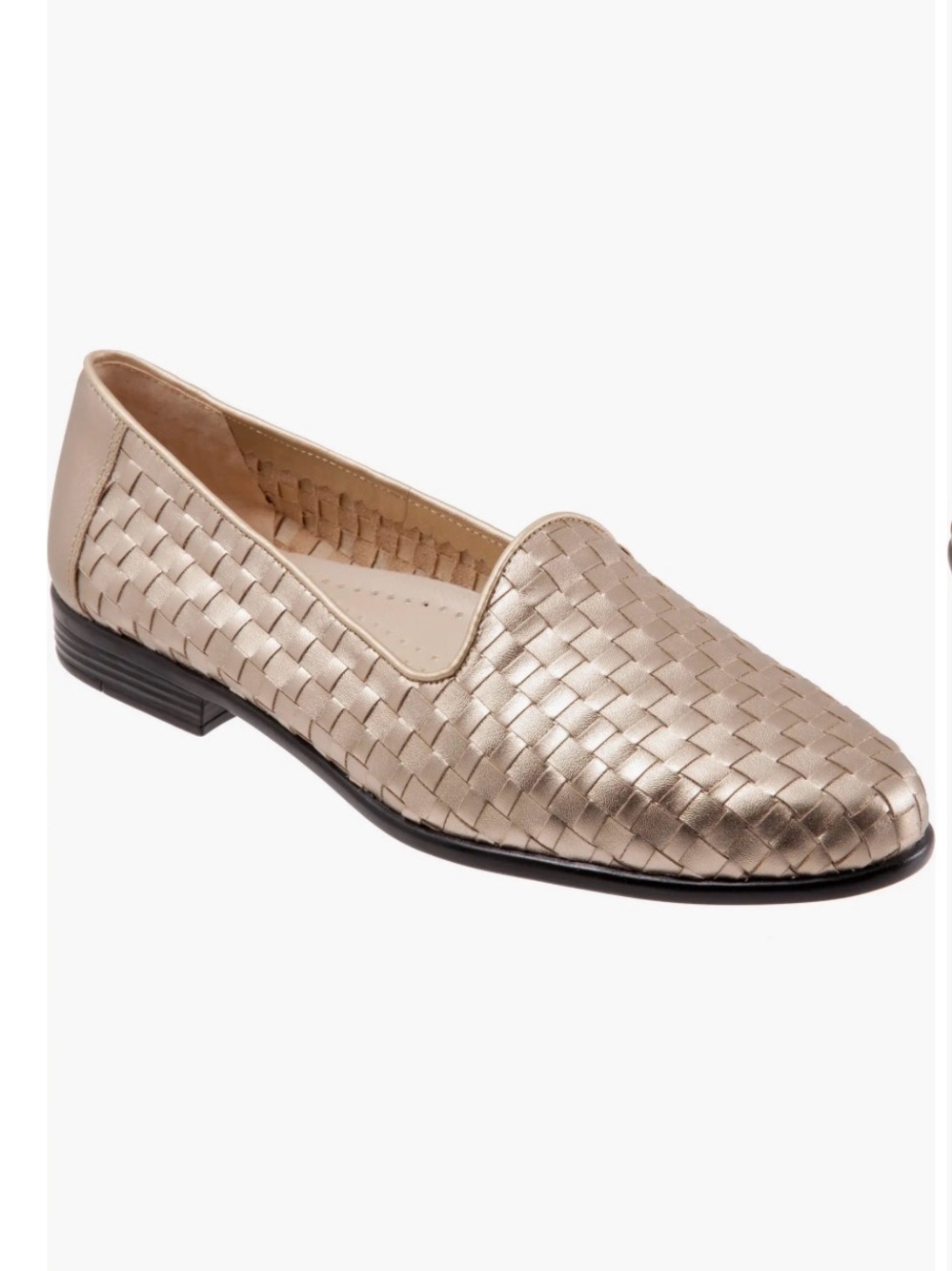 Trotters LIZ Metallic Gold Leather Basket Weave Slip On Low Heel Loafers